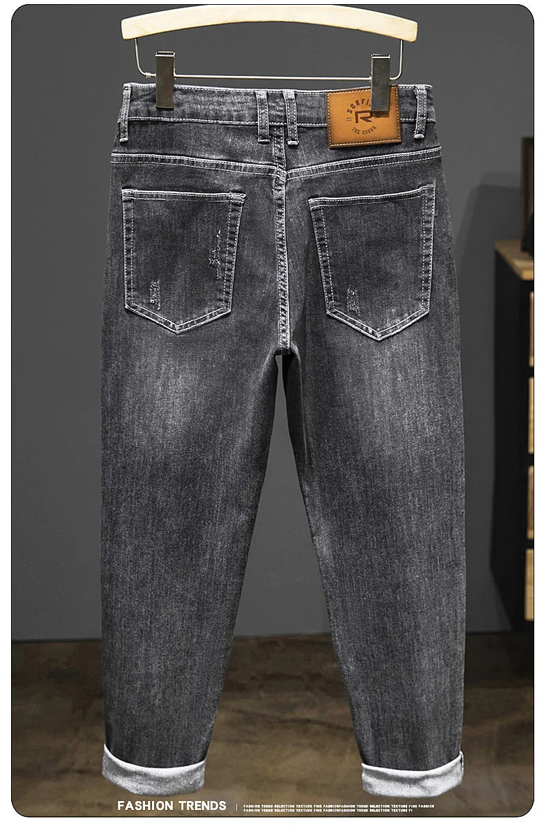 2024 New Spring Autumn Men's Nine-Point Pants Slim Jeans Fashion Casual Denim Trousers Smoke Gray Blue Gray Brand Clothing.