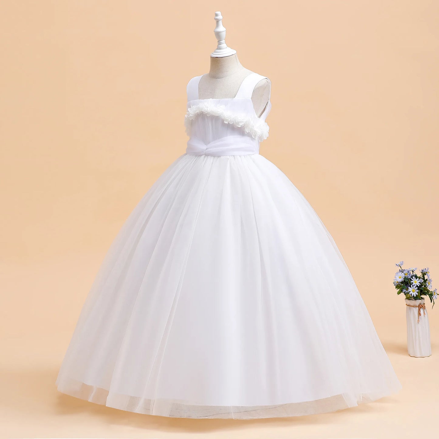 Mädchen Partykleider Weiß Langes Hochzeit Brautjungfer Prinzessin Kleid Abend Tüllkleid Abschlussball Klavier Performance Kleid.