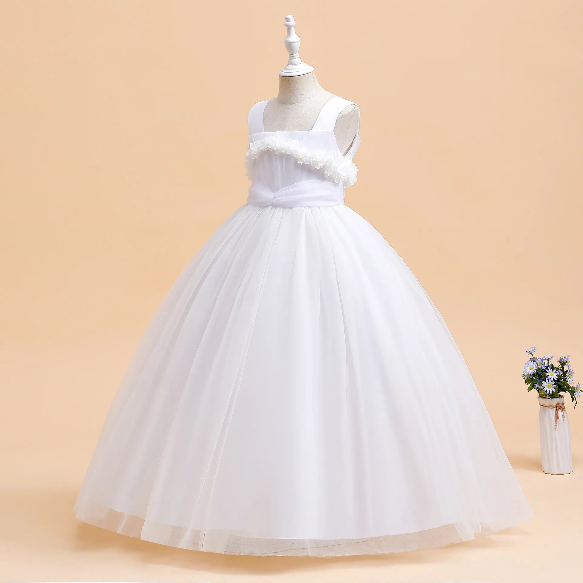 Mädchen Partykleider Weiß Langes Hochzeit Brautjungfer Prinzessin Kleid Abend Tüllkleid Abschlussball Klavier Performance Kleid.