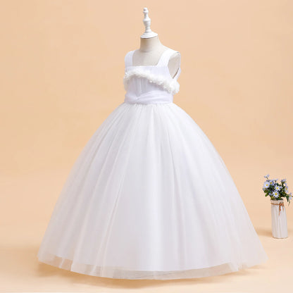 Mädchen Partykleider Weiß Langes Hochzeit Brautjungfer Prinzessin Kleid Abend Tüllkleid Abschlussball Klavier Performance Kleid.
