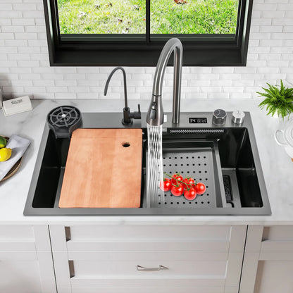 30"*18" Digital Display Waterfall Sink,Multifunctional Workstation Kitchen Sink,Kitchen Sink with Pull-Out Faucet