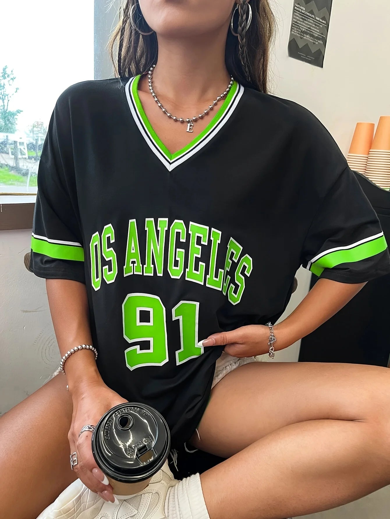 Women's Large Printed T-shirt Los Angeles 91 Letter Short Sleeve V-neck Loose Street Wear Sports Jersey Spring/Summer Tshirt Top.