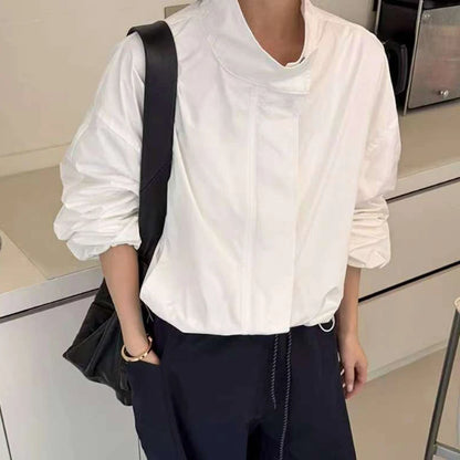 Straße Solide Zipper Dünne Jacke Frauen Stehen Kragen Volle Hülse Kordelzug Straße Jacken 2025, Herbst Dame Casual Outwears Neue.