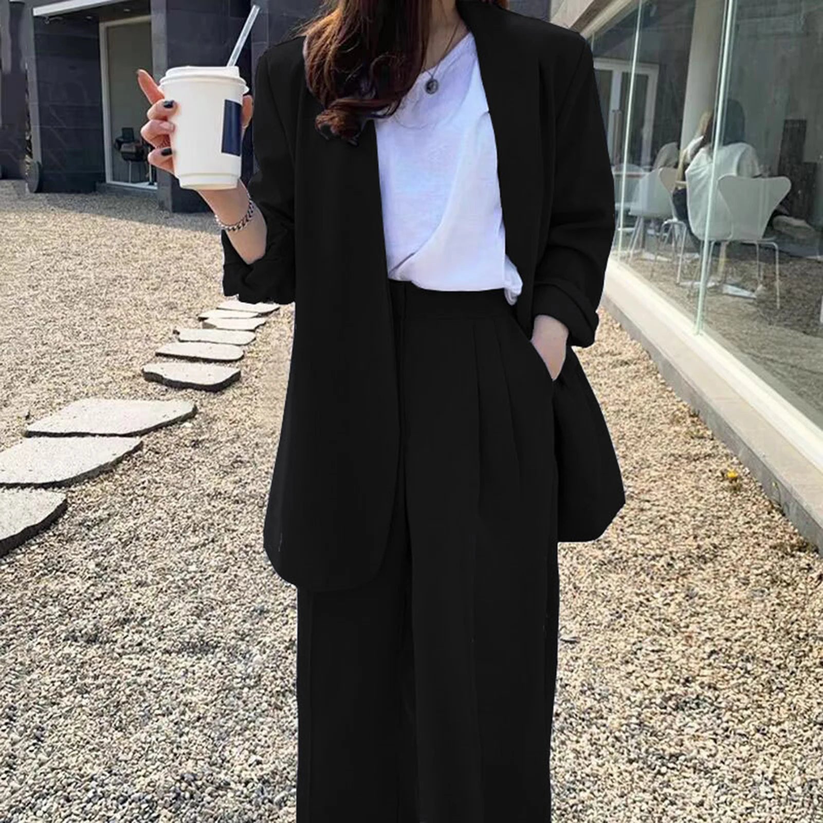 Wide Leg Suit Pants Set Elegant Women Business Suit Set Cardigan Jacket High Waist for Professional Lady Formal Coat Pants Set.