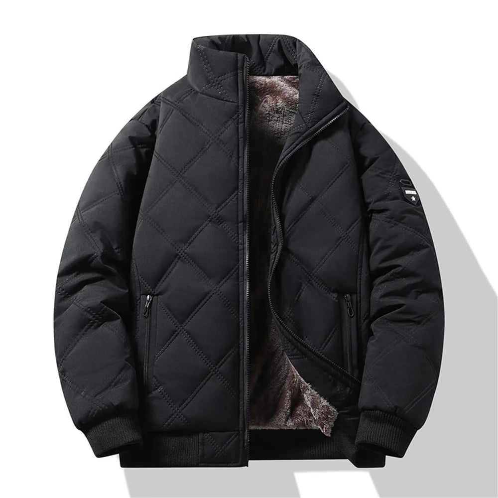 New Windproof Thermal Diamond-Quilted Cotton Jacket Winter Men's Fleece-Lined Thickened Cuff Design Stand-Up Collar Jacket