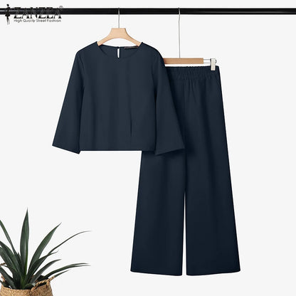 ZANZEA 2025 Women Autumn Matching Sets Solid Outfits Vintage Casual O Neck Long Sleeve Tops Pant Sets Fashion OL Work Tracksuit.