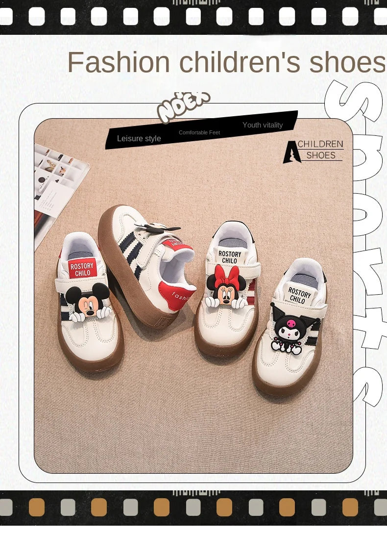 Disney Children's Casual Shoes Cute Minnie Girls Sneakers Fashion Mickey Boys Sport Shoes Anti-slip Soft Sole Kids Board Shoes.
