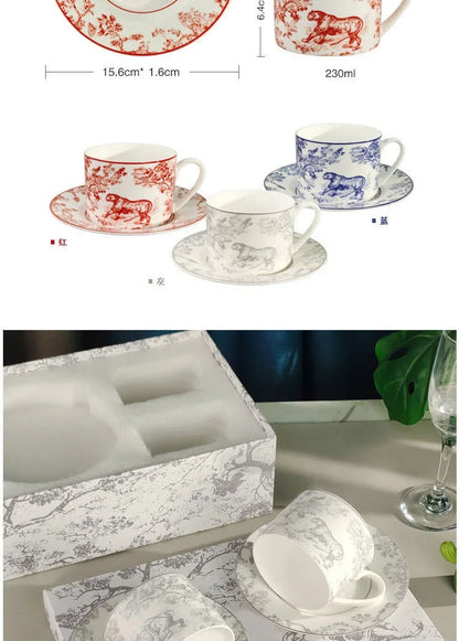 Red, Blue, Gray Tiger Series  Animal Images Bone Porcelain Coffee Cup Plate European Afternoon Tea Cup and Saucer Set Gift Box.