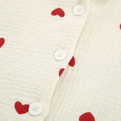 2-Piece Muslin Pajamas Set for Women 100% Cotton Love Printed Comfortable Long-Sleeved Tops Pajamas Home Wear Sleep Autumn Cloth.