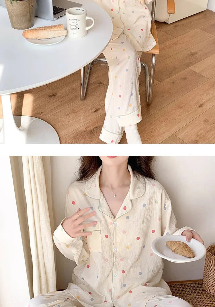 Koreanische Farbige Wavelet Dot Nachtwäsche frauen Herbst Lange Ärmeln Set Kleine Frische Hause Kleidung Lose Internationale Student Pyjama.