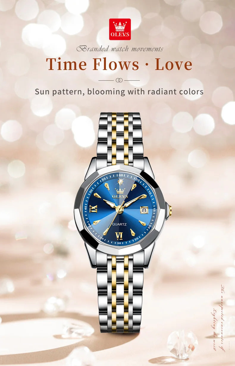 OLEVS Elegant Fashion Ladies Watches 9998 Original Quartz Women's Watches Waterproof Stainless Steel Luminous Date Wristwatch.