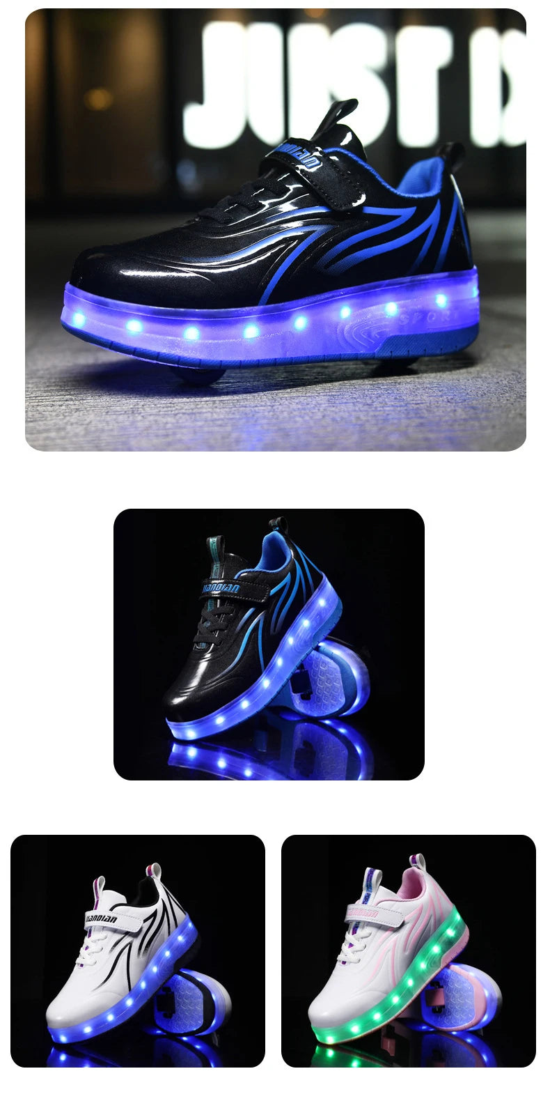 YUNICUS Led Light Boys Girls Shoe USB Charging Black Two Wheels Luminous Sneakers Roller Skate Shoes for Children Kids Led Shoes.