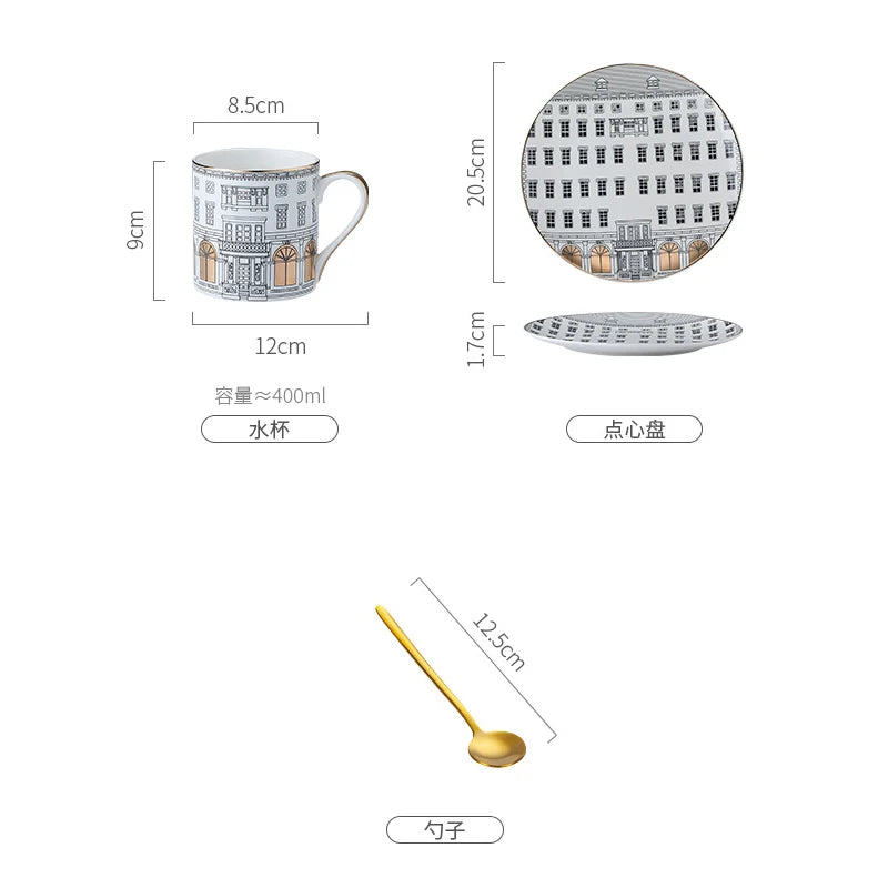 European-style Roman Architecture Ceramic Disc Coffee Cup Snacks Main Course Plate Kitchen Tableware Coffee Mug Storage Tray.