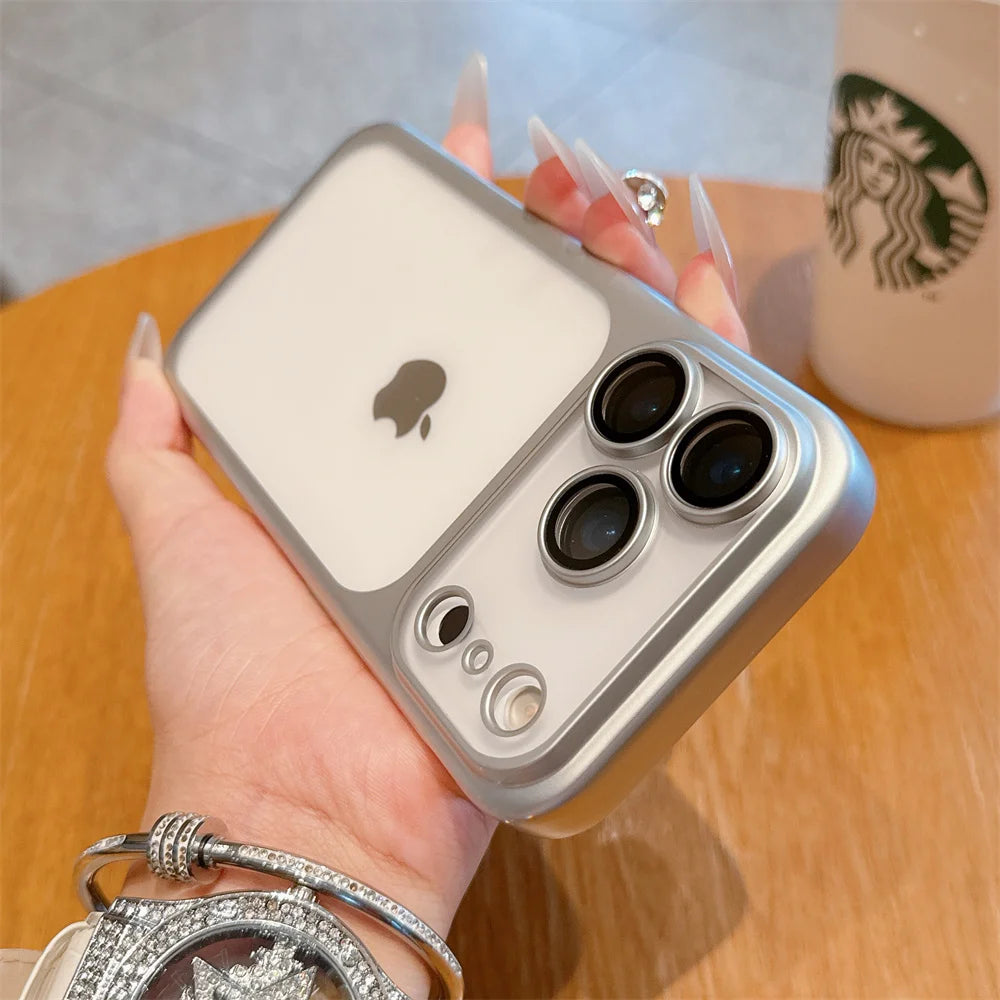 Luxury Frosted Transparent Matte Phone Case For iPhone 16 15 17 Pro Max Air Full Lens Protector Metallic Color Frame Armor Cover.