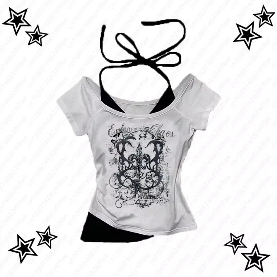 Women's 90s Vintage Punk T-Shirt Summer Streetwear Sexy Short Sleeve Gothic Slim Crop Top Hotgirl Casual Femme Tee Harajuku Y2k.