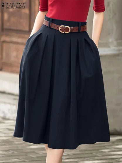 ZANZEA Summer Solid Midi Skirt Elegant Women High Waist Work OL Skirts Fashion A-line Jupes Stylish Party Faldas Saia  Plus Size