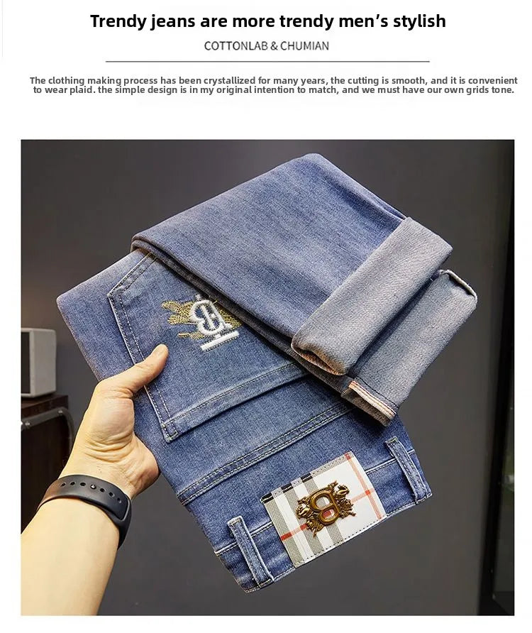 Men's Slim Straight Jeans Fashion Korean winter and Autumn Trousers Comfortable Elastic Blue Fitted Business Casual Denim Pants.