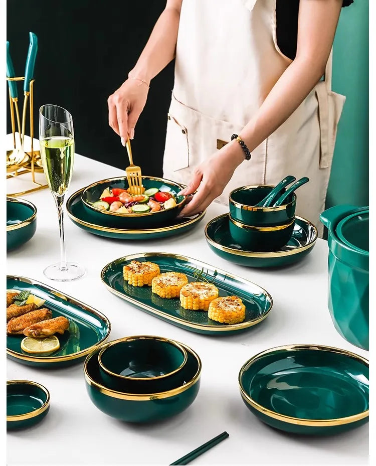High-end Green Ceramic Plate Home Porcelain Dinner Plate Exquisite Ceramic Bowl Custom Large Size Fish Plate Kitchen Accessories.