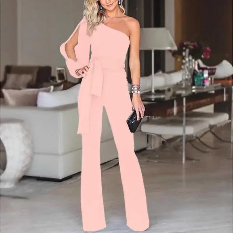 2024 Spring New Women's Single Shoulder High-waisted Belted Slimming Jumpsuit Amazon Cross-border Seller Sexy Smooth Silhouette.