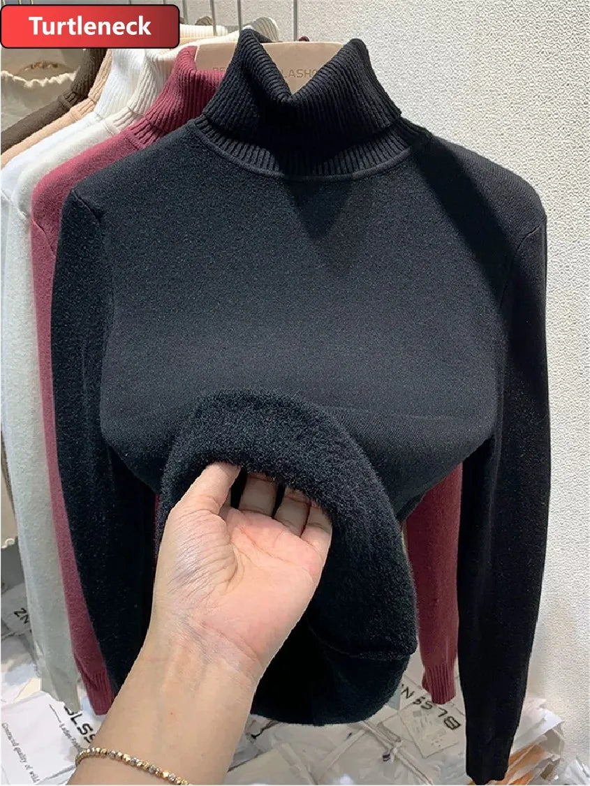 Verdicken Samt Rollkragenpullover Frauen Koreanische Mode Gefüttert Warme Sueter Gestrickte Pullover Schlank Top Winter Jersey Strickwaren Jumper