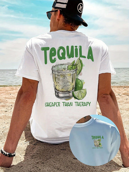 New Summer Tequila Cheaper Than Therapy Meme Graphic Cotton T-shirt For Men Short Sleeve Outdoor Streetwear Casual Unisex Tops.