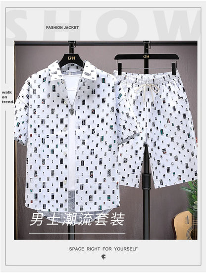Men Summer 2 Pieces Set Tracksuit Men's Shirt Shorts Harajuku Streetwear Oversized Men Sets Short Outfits Suits.