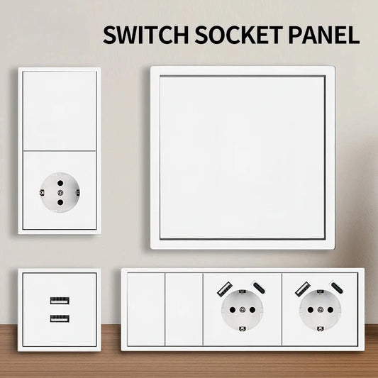 Europäische Wandsteckdose, EU-Steckdose, USB-Typ-C-Ladeanschlüsse, 1/2-Gang-Lichtschalter, 16 A 250 V, Unterputzmontage, weißes Panel, 80 x 80 mm.