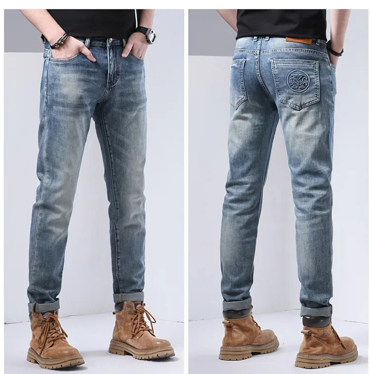 2024 Men's Fashionable Simple Stretch Slim Fit Denim Trousers European Style High Quality Casual Export Men Pants.