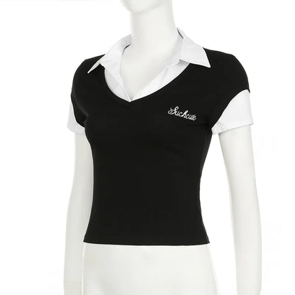 Women's Short Sleeve T-Shirt, Slim, Turn-Down Collar, Preppy Style, Patchwork, Casual, Summer Fashion, Fake 2 Piece, 2024.