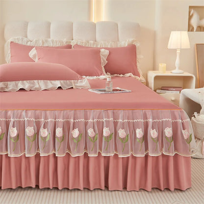 Floral Style Bed Skirt Embroidered Bed Cover Single/Queen/King Size Bed Linen Home Sheet with Skirt 침대스커트(Pillowcase Need Order).