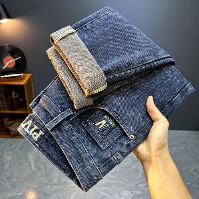 Men's Slim Straight Jeans Fashion Korean Autumn Trousers Comfortable Elastic Black Blue Fitted Business Casual Denim Pants.