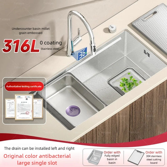 Kitchen Sink 316L Stainless Steel Original Color Large Single Slot Dish Wash Vegetable Basin Multifunctional Undercounter Basin