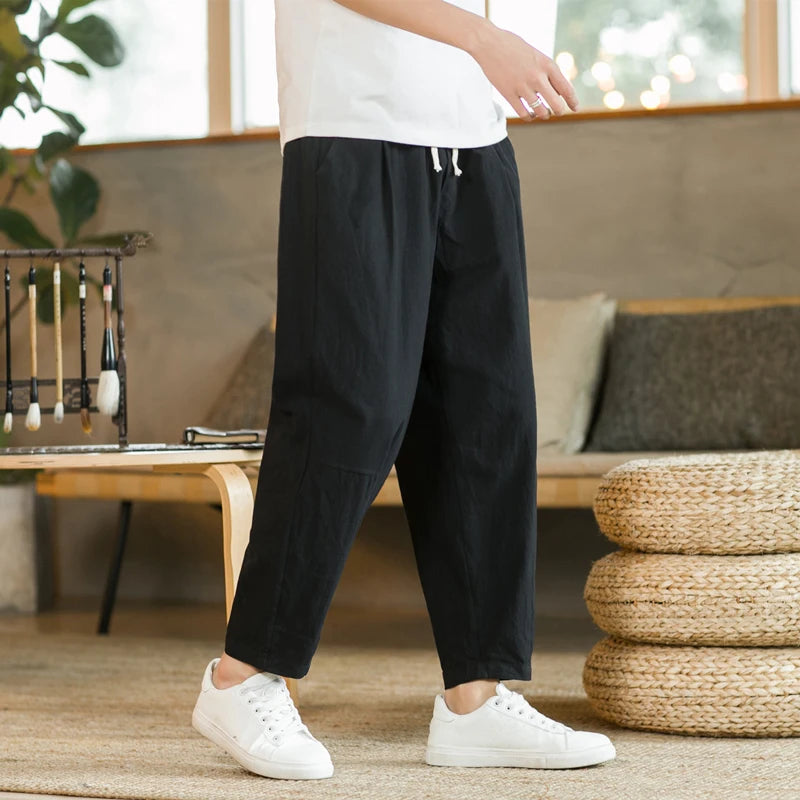 Men's Trousers Cotton Linen Fashion Casual Pants Solid Color Breathable Loose Shorts Straight Drawstring Pants Streetwear Men.