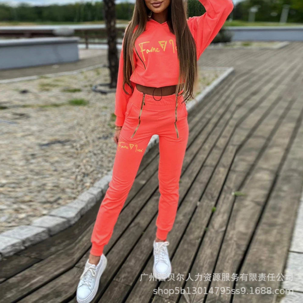 Pullover Hoodies Tracksuit Women Hooded Two Pieces Set Print Sweatshirts Pockets Zipper Pencil Pants Suit Sports Casual.