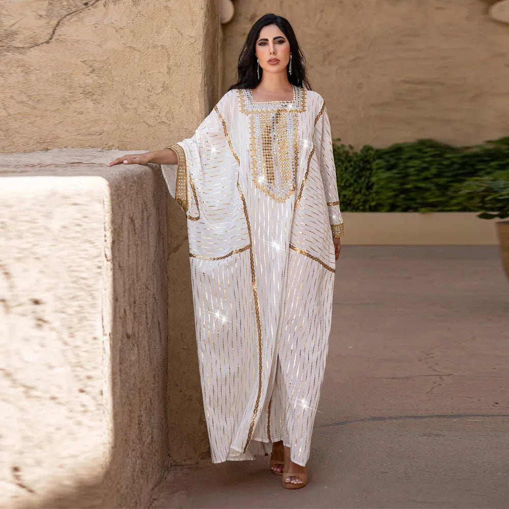 Women Muslim Hot Drill Long Dress Batwing Sleeve Abayas Dubai Loose Caftan Moroccan Kebaya Kaftan Turkey Islam Clothing Vestido.