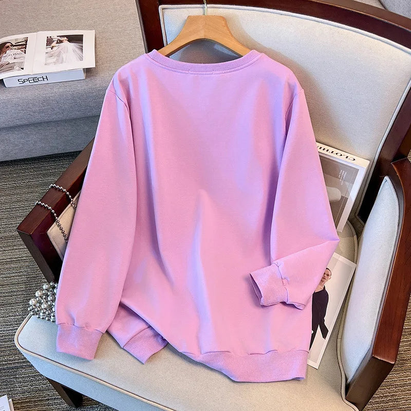 175kg plus size Damen büste Frühling Herbst loser Rundhals ausschnitt Langarm bedrucktes Sweatshirt schwarz lila 5xl 6xl 7xl 8xl 9xl.