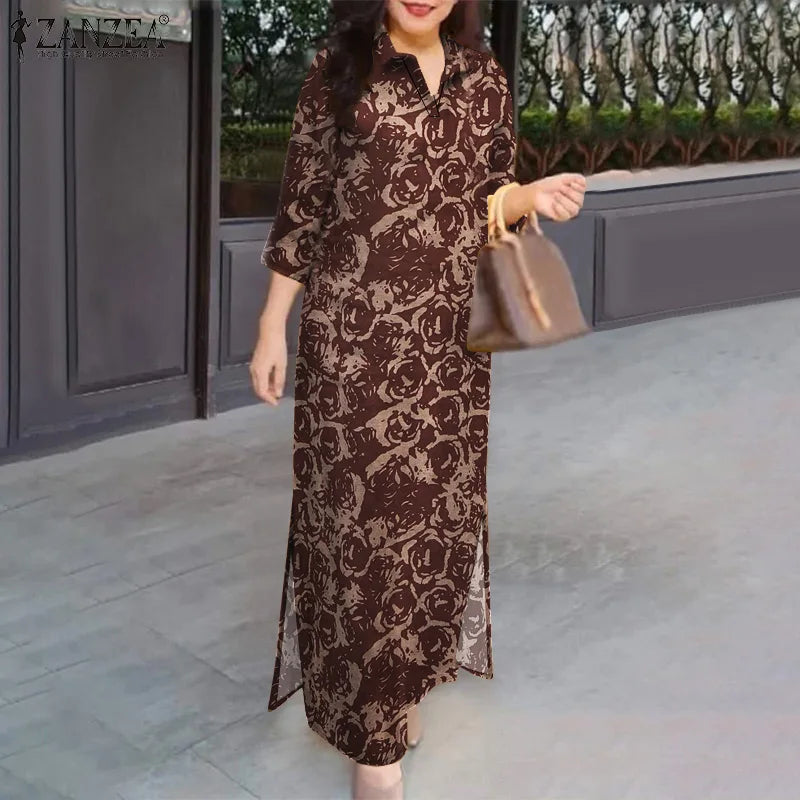 ZANZEA Blumendruck, lässig, lang, Vestidos, reine Baumwolle, Vintage-Stil, Schlitz am Saum, 2024, Herbst-Hemdkleid, 3/4-Ärmel, Damen-Urlaubs-Maxikleid.