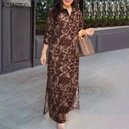 ZANZEA Blumendruck, lässig, lang, Vestidos, reine Baumwolle, Vintage-Stil, Schlitz am Saum, 2024, Herbst-Hemdkleid, 3/4-Ärmel, Damen-Urlaubs-Maxikleid.