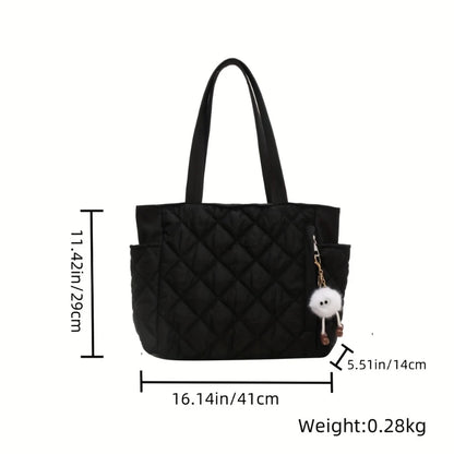 Black Large Capacity Handbag with Square Pattern, Durable Quilted Material, Multiple Pockets for Easy Storage & Cute Plush Charm.