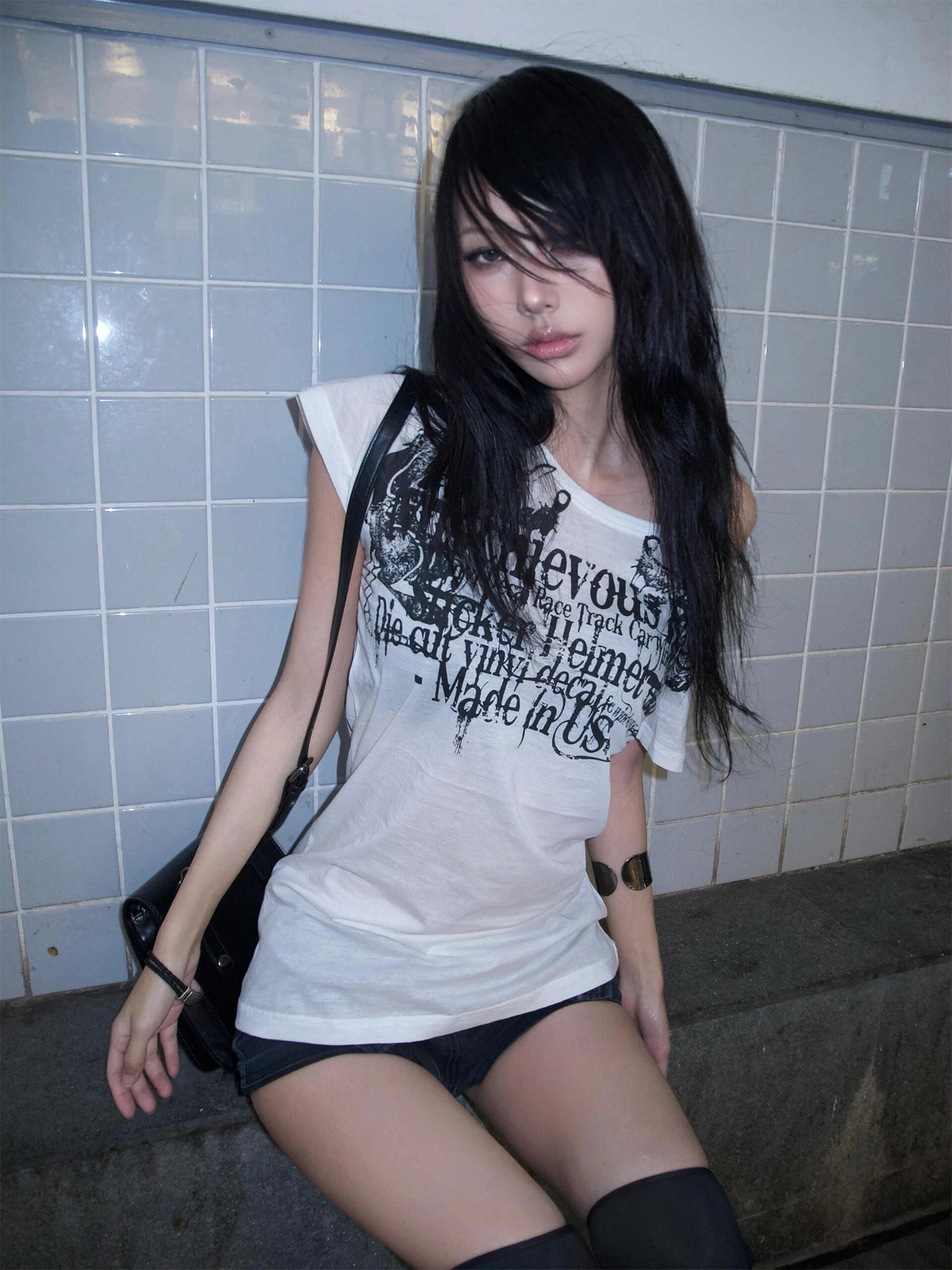 Karrram Japanese Y2k Letter Print T-shirt Trashy 2000s Style Tattoo T Shirt Vintage Harajuku Short Sleeve Sheer Tops Grunge Goth.