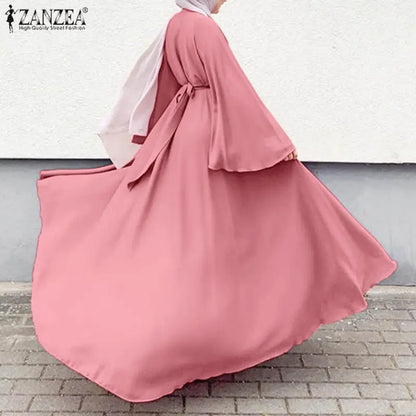 Frauen Lerisure Muslimischen Lange Kleid Übergroßen Vestidos ZANZEA 2023 Sommer Frühling Flare Ärmeln Soild Weibliche Türkische Robe Abaya.