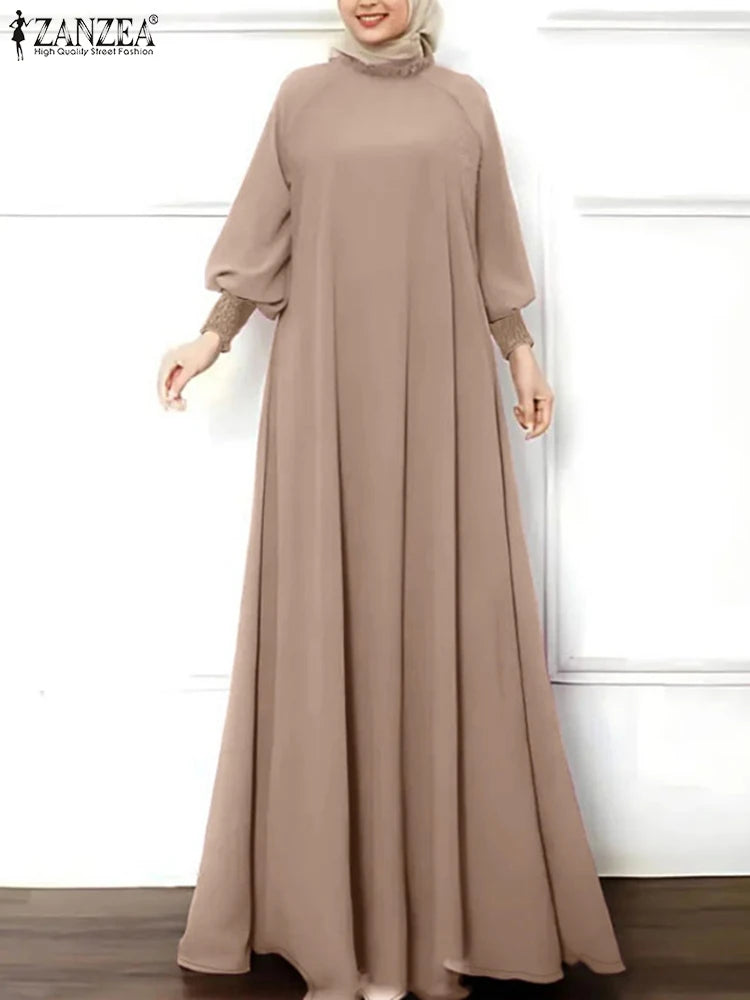 ZANZEA Islamic Hijab Elegant Vestidos Muslim Fashion Shirring Cuff Women Long Sleeve Maxi Dress Solid Ruffled O Neck Abaya Robes.
