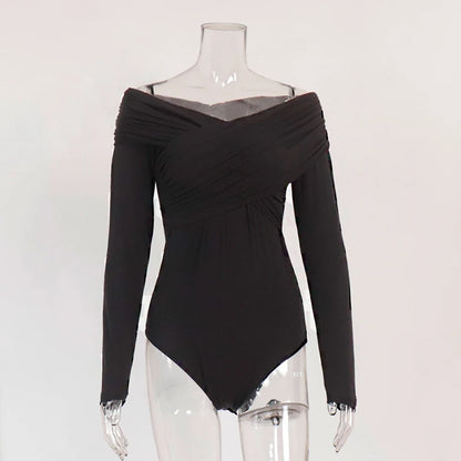 AVV Sexy Cross Pleated Off Shoulder Long Sleeve Skinny Bodysuit Ladies Hot Sexy 2024 One Piece Basic Autumn＆Spring Tops