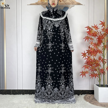Muslim Ramadan Prayer For Women Long Sleeved Floral 2023Dubai Turkey Middle East Femme Loose Robe African Abayas Headscarf Dress