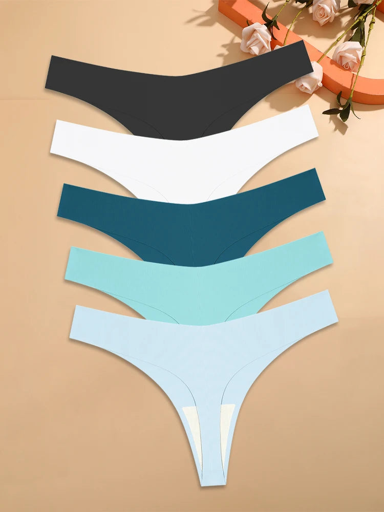 5Pcs Ice Silk Seamless Thongs Women's V-Waist Solid Color Panties Sexy Breathable Low Rise Underwear Invisible Bikini Lingerie.