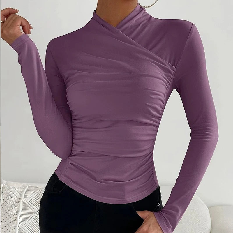 Sexy Elegant Fall Winter Long Sleeve Cross Pleated Pullover Women's Modal Solid Color Irregular Tops Street Daily Versatile Tees.