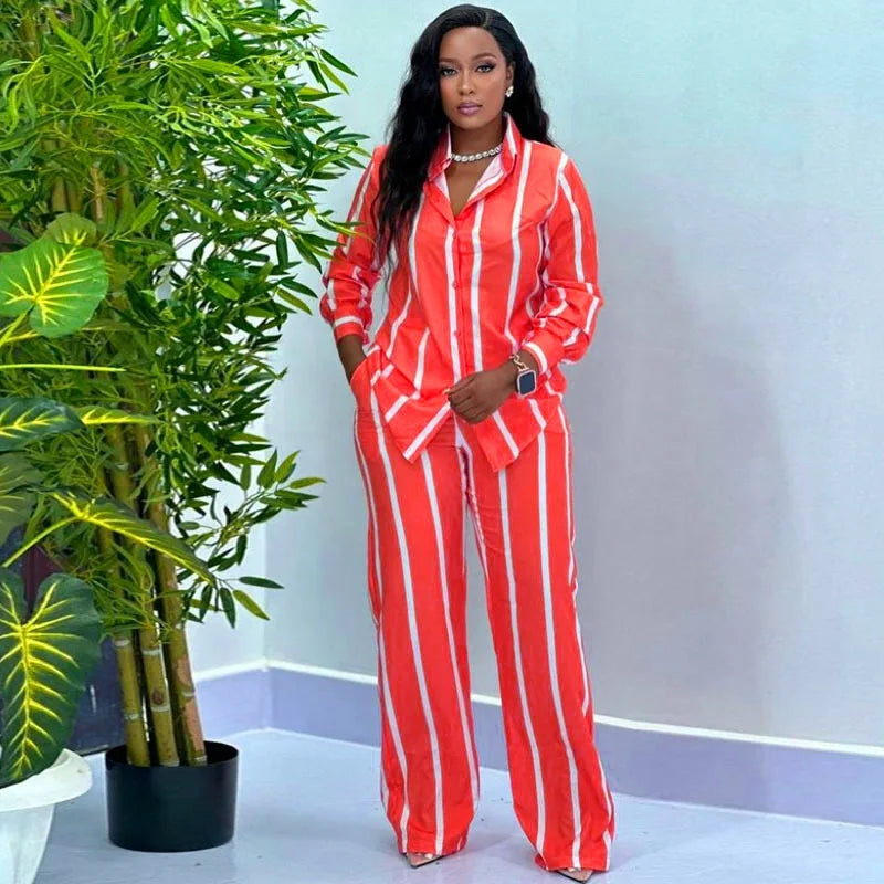 Fashion Striped Print Suit For Women Elegant Lapel Long Sleeved Shirt Elastic Waist Wide Leg Pants Two Piece Set 2024 Autumn New.