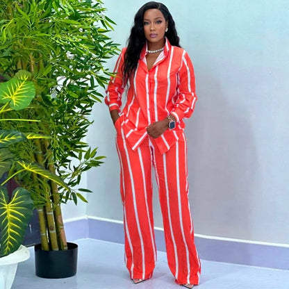 Fashion Striped Print Suit For Women Elegant Lapel Long Sleeved Shirt Elastic Waist Wide Leg Pants Two Piece Set 2024 Autumn New.