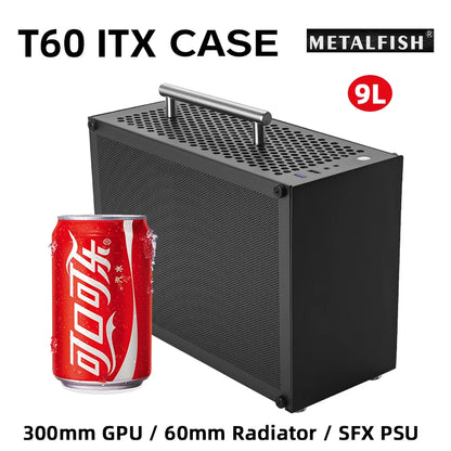 METALFISH T60 Mini ITX Black Case 9L Gaming Computer Chassis Compact transparent PC Support SFX PSU/300mm GPU.