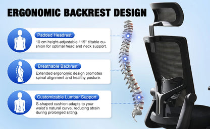 AUTHMIC Ergonomischer Bürostuhl aus Netzstoff, verstellbarer, drehbarer Computer-Schreibtischstuhl mit Liegestuhl 90er ° -135 Lordosenstütze für das Heimbüro
